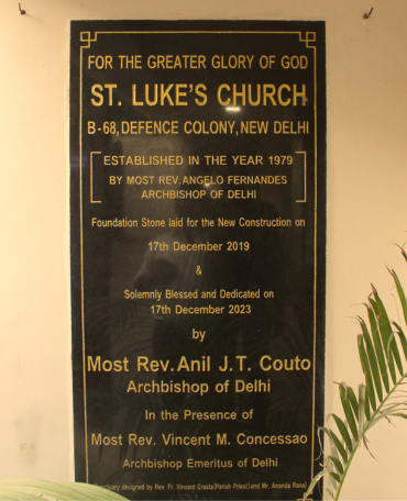 Foundation plaque for St Luke's Church, Defence Colony, New Delhi